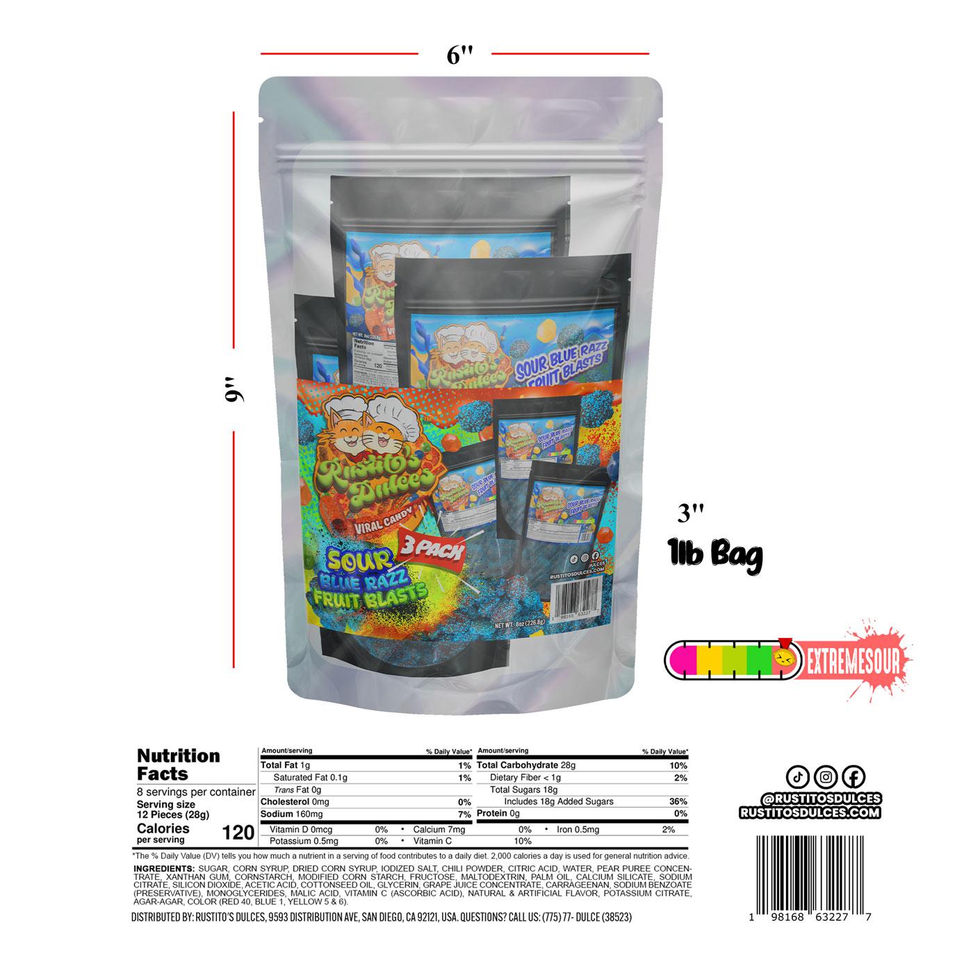 3-Pack Sour Blue Razz Fruit Blasts Enchilados - Irresistibly Tangy & Fruity Treats for Candy Lovers Snack Liquid Sweet Spicy