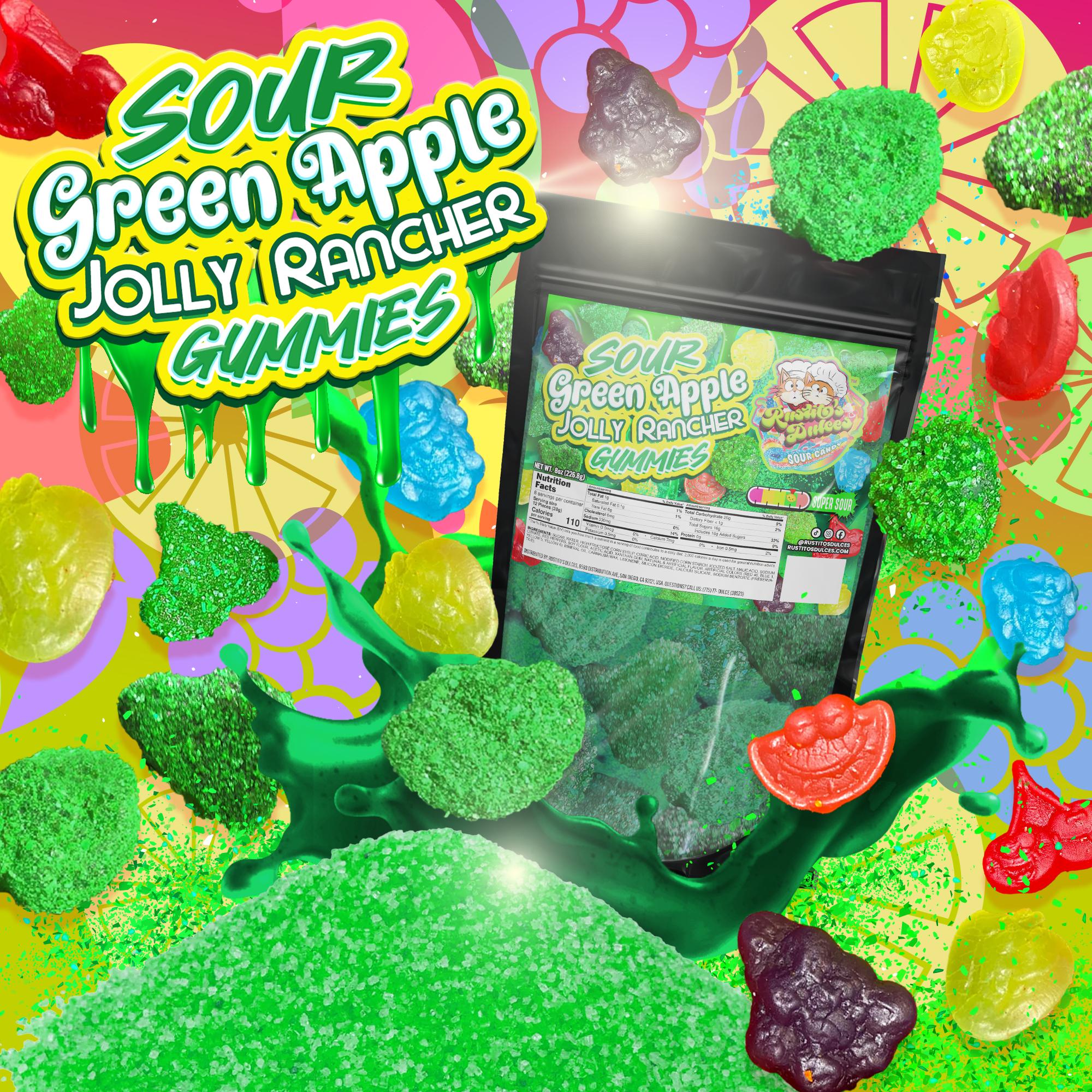 Sour Green Apple Jolly Rancher Gummies - bold, sweet fruity flavor and a chewy mouth-puckering zing snack Bite