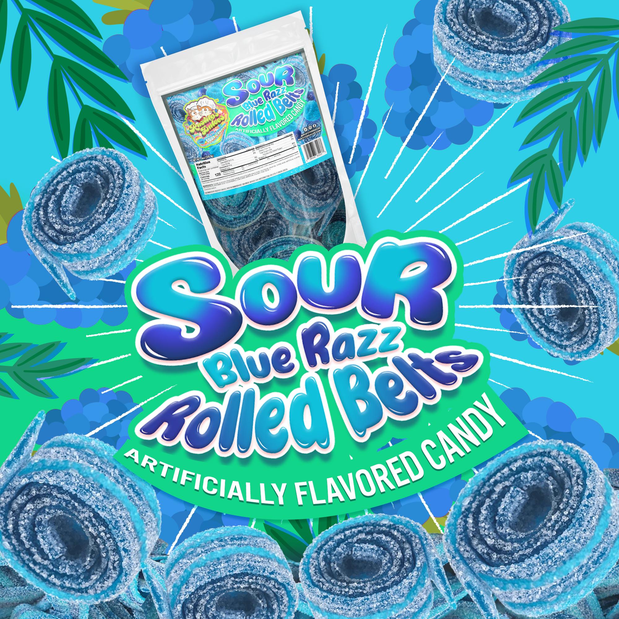 Sour Blue Razz Rolled Belts - Tangy Sour Blast, Smooth and Fruity Blue Razz Candy Chewy Sweet Snack