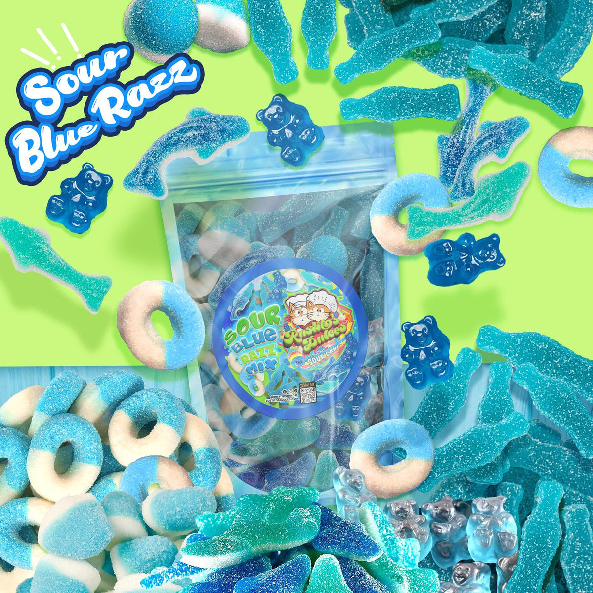 Blue Raspberry Sour Razzles Sour Blue Razz Gummy Mix - Tangy Blue Raspberry Snack Gummi Mix for So ...