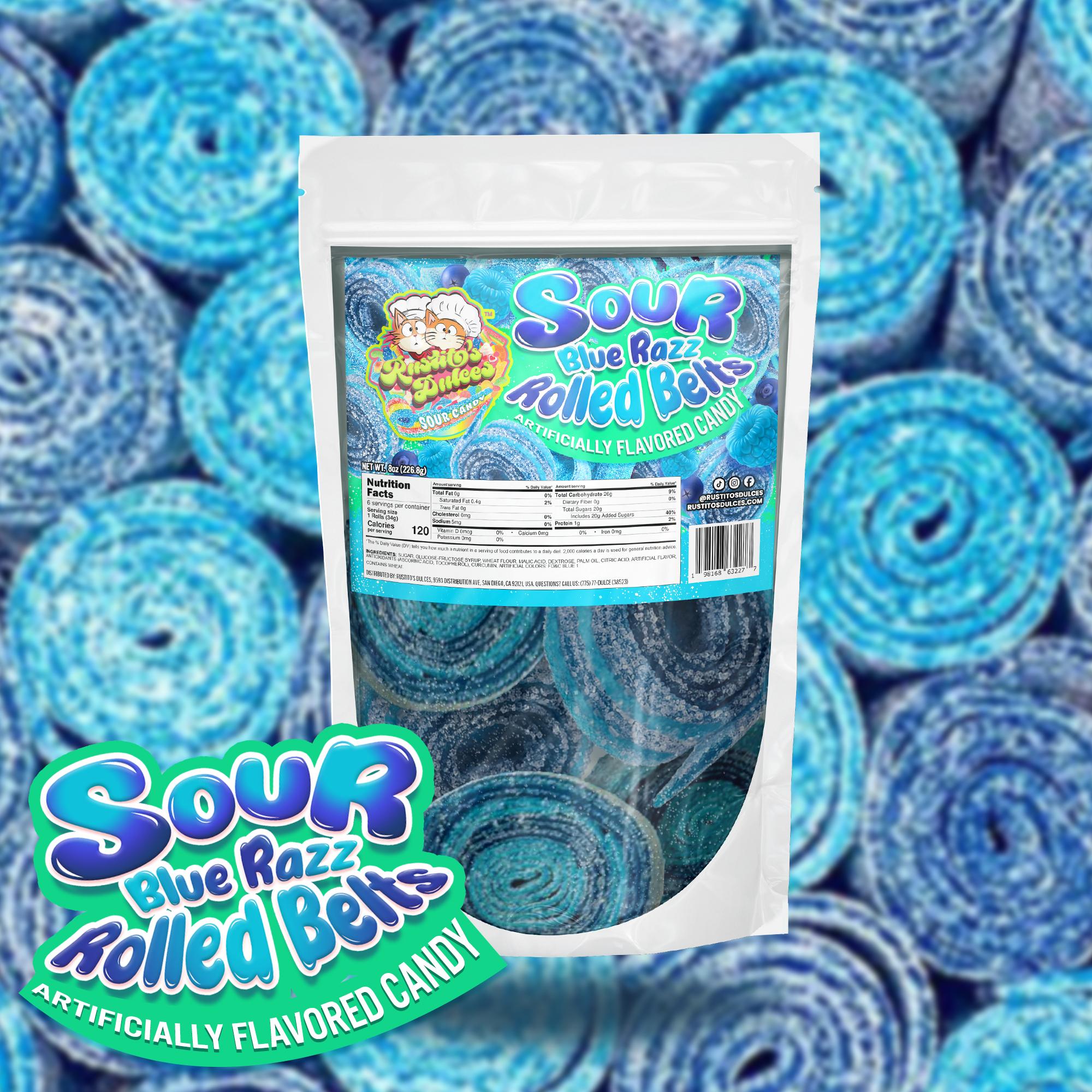 Sour Blue Razz Rolled Belts - Tangy Sour Blast, Smooth and Fruity Blue Razz Candy Chewy Sweet Snack