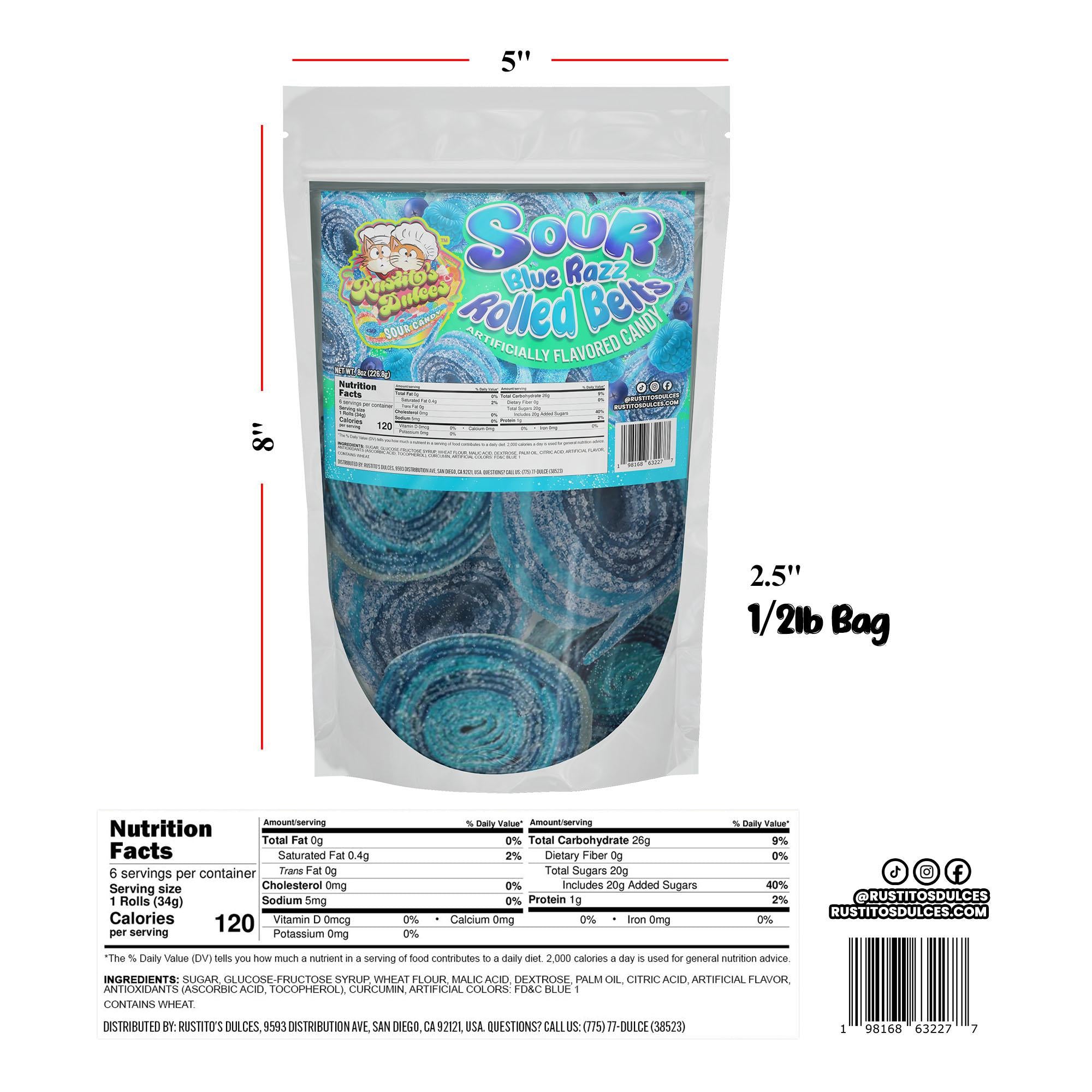 Sour Blue Razz Rolled Belts - Tangy Sour Blast, Smooth and Fruity Blue Razz Candy Chewy Sweet Snack