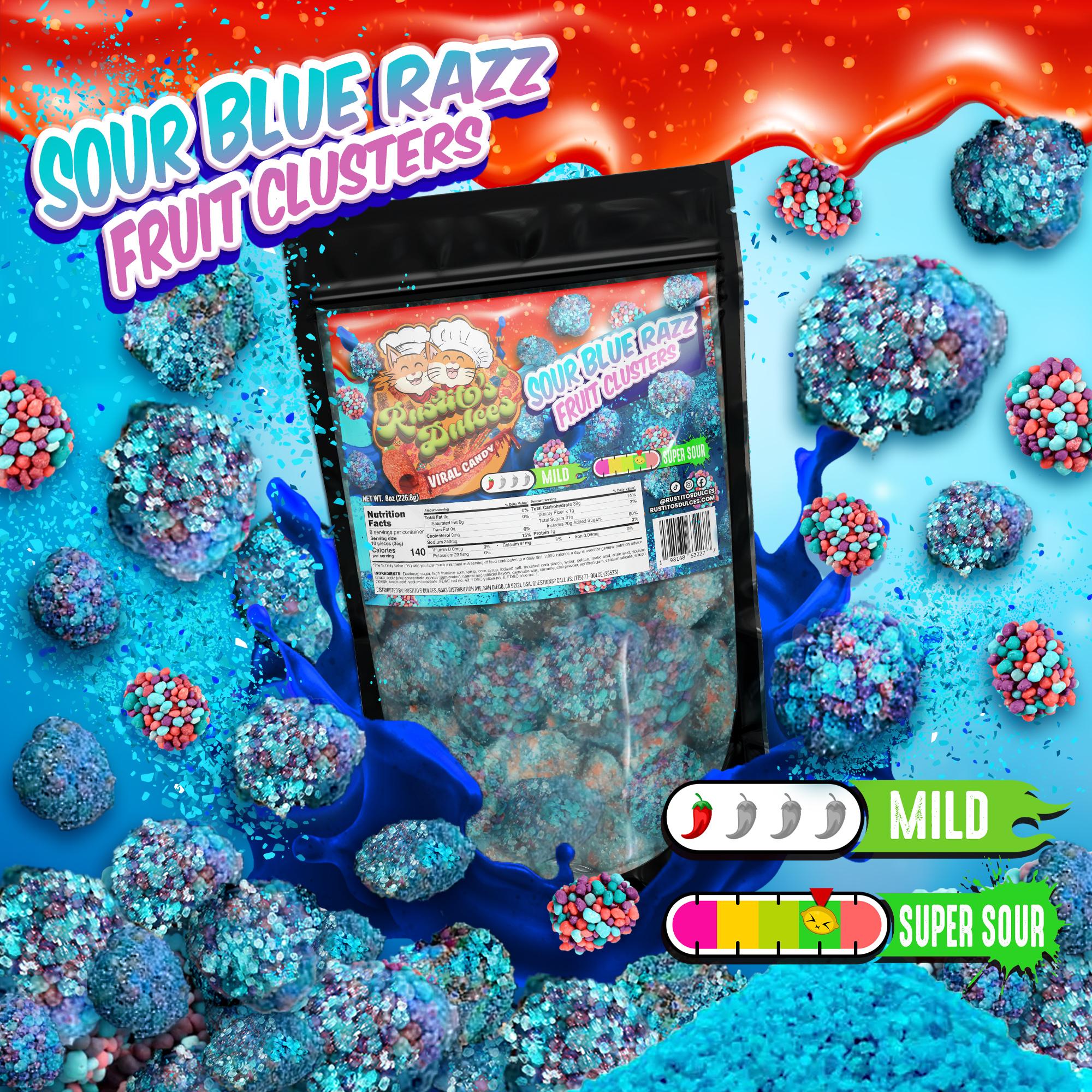 Sour Blue Razz Fruit Clusters - 8oz bag - an electrifying fusion of sour and sweet! Candy Snack