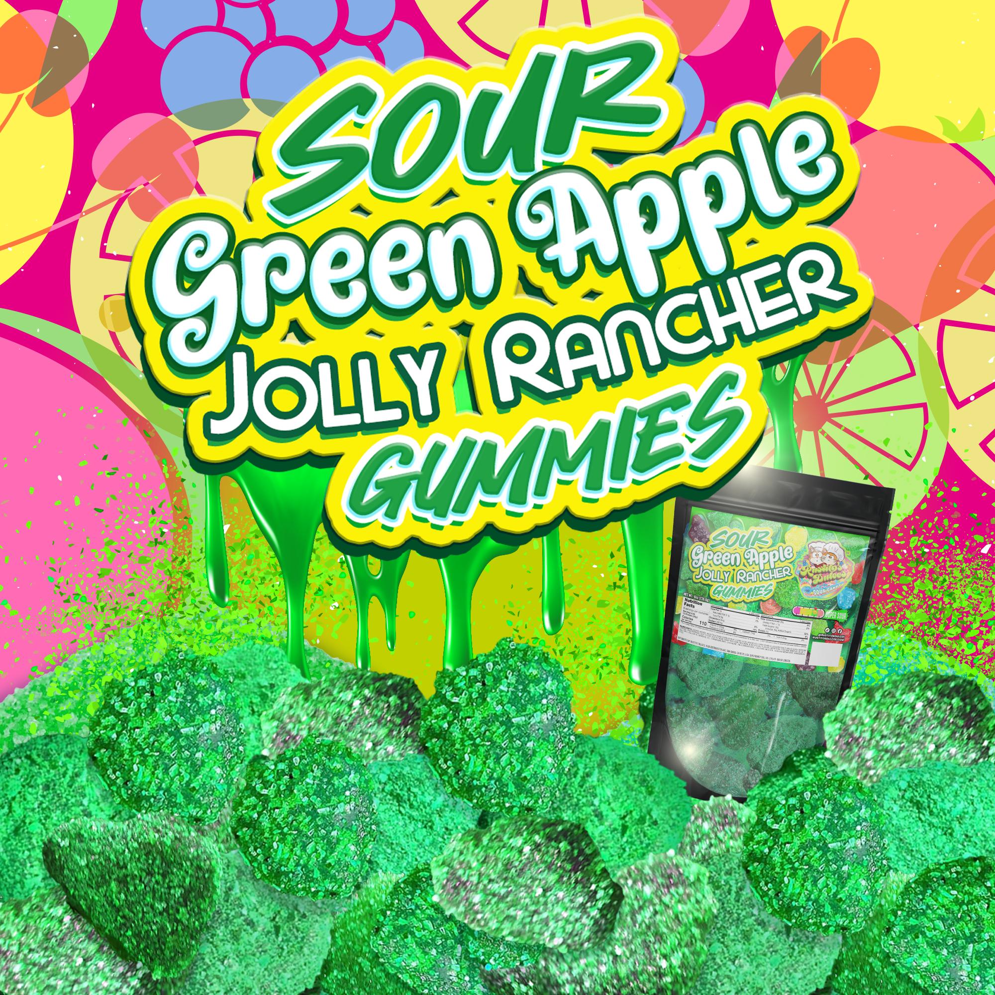 Sour Green Apple Jolly Rancher Gummies - bold, sweet fruity flavor and a chewy mouth-puckering zing snack Bite