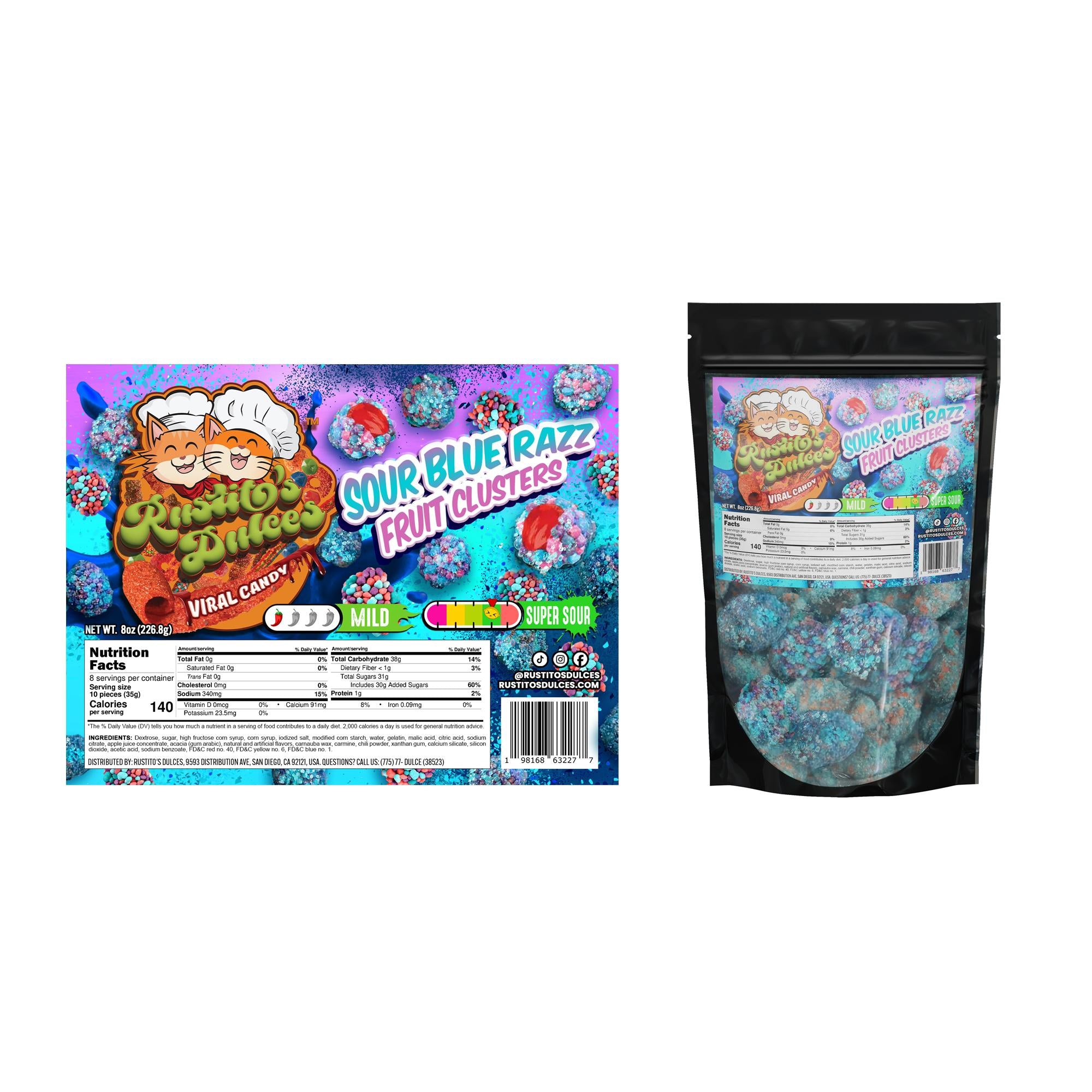Sour Blue Razz Fruit Clusters - 8oz bag - an electrifying fusion of sour and sweet! Candy Snack