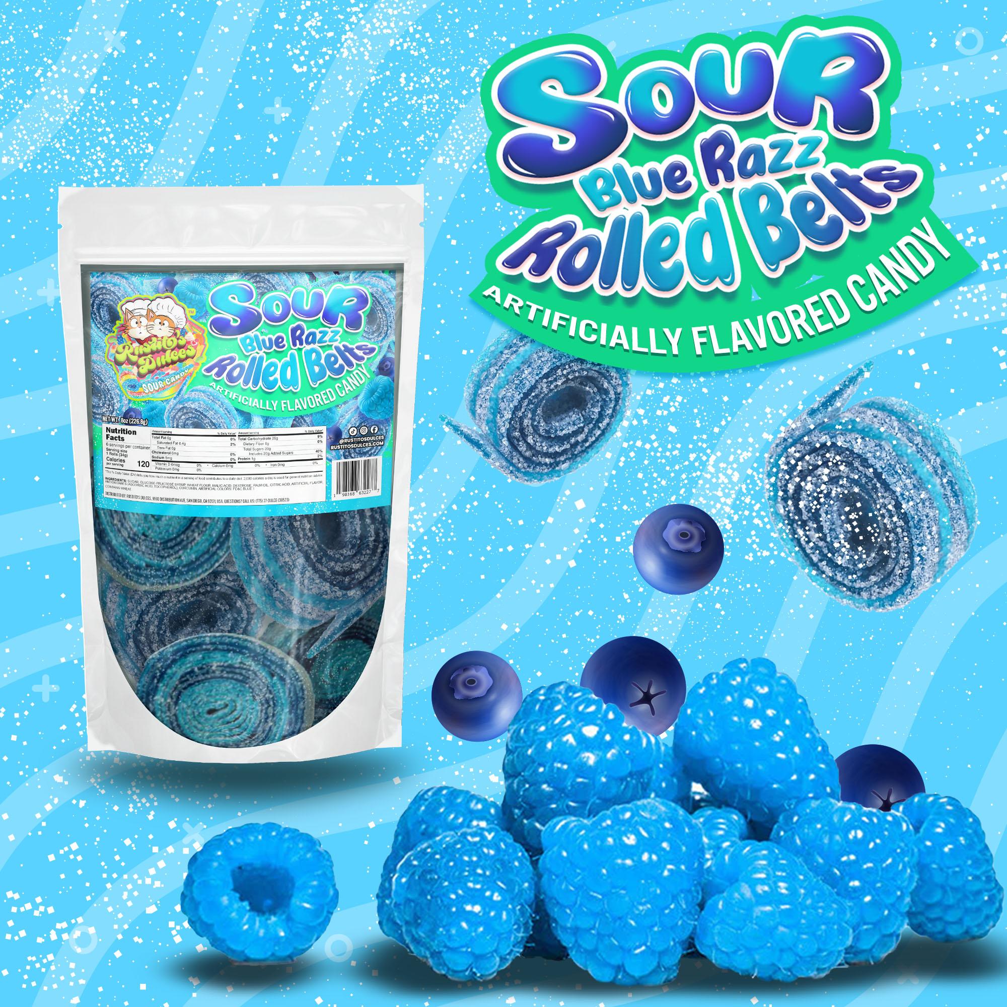 Sour Blue Razz Rolled Belts - Tangy Sour Blast, Smooth and Fruity Blue Razz Candy Chewy Sweet Snack